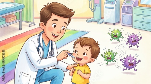 OPV Vaccine Dose Concept, Public Health Vaccination Campaign, Cheerful Doctor Examining Happy Child in Clinic Setting