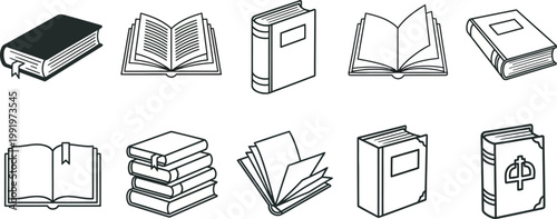 Collection of black and white book icons a diverse representation of literary volumes and bound texts