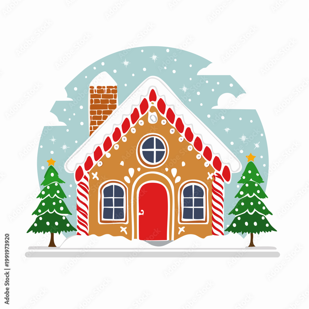 Fototapeta premium Gingerbread House with Christmas Trees and Snowfall