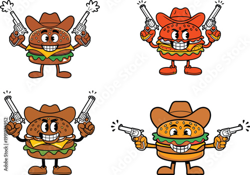 Cartoon cowboy burger characters with guns drawn fast food old west wild west