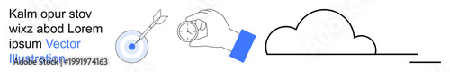 Business strategy, digital technology, cloud storage, navigation tools, precision, and goal setting. Target with dart, hand holding compass linear cloud symbol. Target accuracy and digital