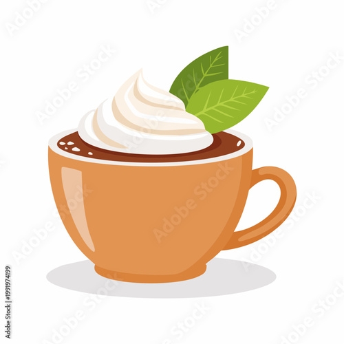 Cup of hot chocolate with whipped cream and mint leaves