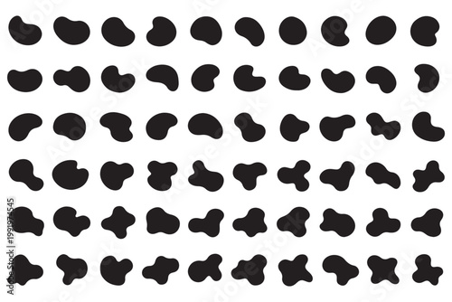 Organic black blobs of irregular shape. Abstract blotch, inkblot and pebble silhouettes, simple liquid amorphous elements. Organic blob shapes collection