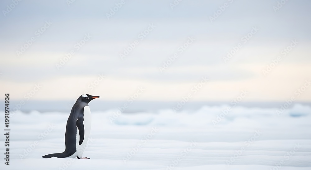 Obraz premium A single penguin stands on a vast, icy landscape under a soft, overcast sky, showcasing the serene beauty of Antarctica