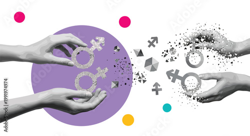 Equality, gender symbols, hands, breaking apart, social issues, feminism concept, vector illustration