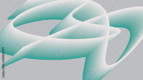 Abstract turquoise ribbon curves intertwined on gray background with smooth three dimensional fluid motion vector illustration