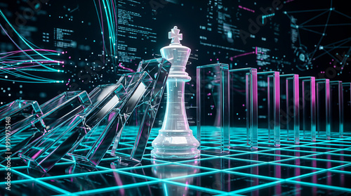 AI powered strategy and leadership halting domino effect in a vibrant neon digital data environment, symbolizing control and innovation.