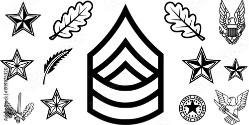 Army officer uniform insignia and military service symbol for authority command and soldier achievement featuring a simple black line art rank badge chevron pictogram – Black Vector Illustration