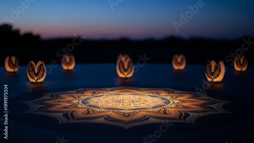 Peaceful outdoor yoga setting with glowing lanterns and mandala mat at dusk