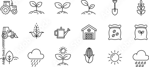 Agricultural icons showcase various farming tools and elements like tractors, plants, and grains.
