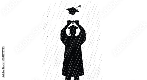 Graduation cap throwing, graduate silhouette, academic achievement, celebratory moment