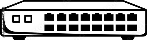 Technology and connectivity hardware symbol for data server hub and internet infrastructure networking featuring a simple black line art network switch pictogram – Black Vector Illustration