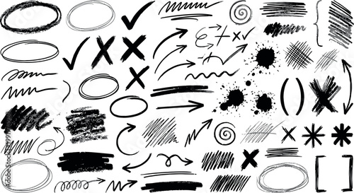 Hand drawn graphic elements and annotation symbols for document editing and creative project planning