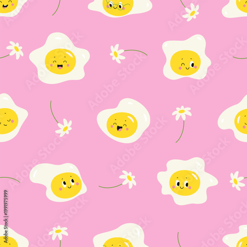 Fried eggs seamless pattern. Funny egg and chamomile flowers. Positive spring summer print for wallpaper design, fabric, children textile, nowaday vector background
