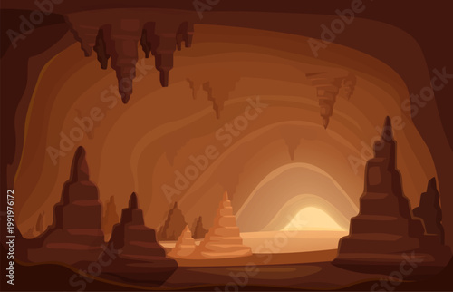 Underground stalactites cave. Mountain tunnel with sand or stone outgrowths. Rock stalagmites, limestone, volcanic rocks. Nature illustrations, sapid vector scene