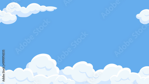 Clouds in blue sky seamless banner. White cloud flying background. Decorative cartoon elements, poster template with empty space, vector design