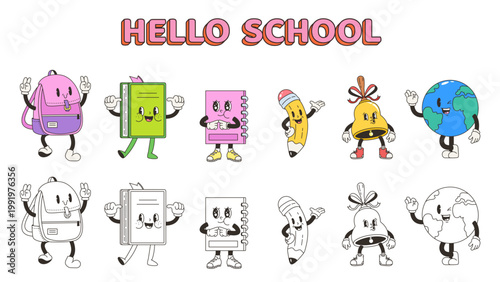 Hello school groovy characters. Funny coloring templates with color samples for children, toddlers. Book, notebook, pencil, backpack and bell, globe, vector set
