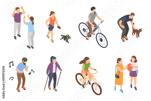 Isometric people characters. Isolated women and men different activities. Listen music and dancing, eating, walking, running with dog, cycling, vector set