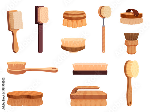 Cartoon scrub brushes. Brush for peeling in bath, sauna or douche. Body refreshing wooden equipments. Anti cellulite massage accessories, skin care elements, sapid vector set