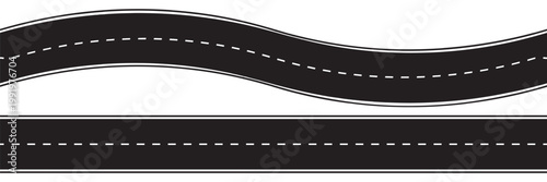 Wavy Curved Road Set Top View – Winding Asphalt Path and Horizontal Road Template Vector Illustration
 Isolated on White Background