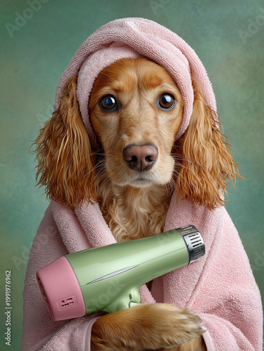 Cocker dog wearing a pink bathrobe and holding a hair dryer. 