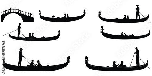 Venetian gondola silhouette illustration, gondolier with passengers artwork, canal bridge vector design, cultural travel drawing, black and white style