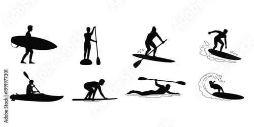 Water sports silhouettes, surfing, paddleboarding, kayaking, board paddling action artwork design concept, aquatic recreation lifestyle flat vector illustration