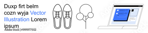 Digital design, fashion concepts, technology usage, sustainability, modern tools, online presence. Clean graphic showing shoes, a tree and an open laptop. Digital design and fashion concepts