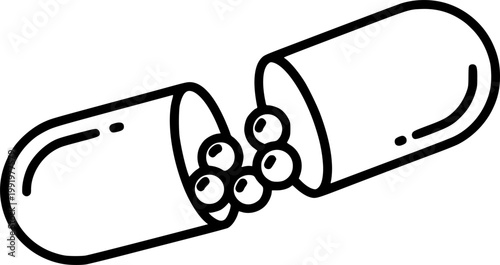 Medical healthcare and pharmaceutical drug symbol for medicine treatment and supplement powder medication dose featuring a simple black line art open capsule pictogram – Black Vector Illustration