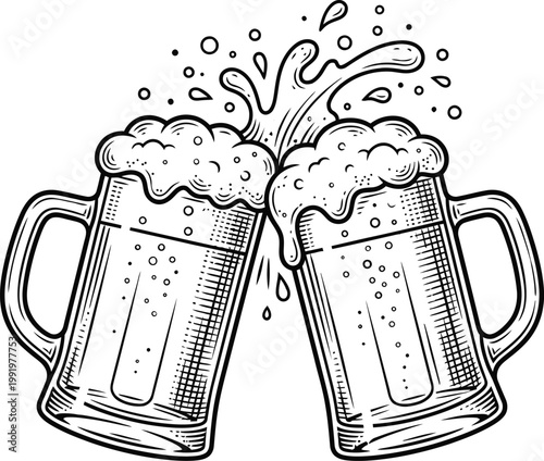 Two beer mugs clinking together with foam and bubbles splashing isolated on white background