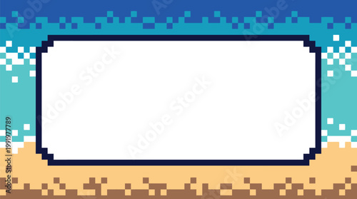 Pixel art text box frame over a tropical beach background for video game interface design and digital storytelling applications