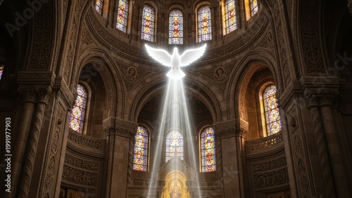 A radiant white dove descends with holy light in an ornate cathedral with stained glass windows