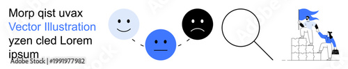 Mental health, emotional introspection, search for identity, problem-solving, personal growth, behavioral analysis. Faces showing emotions, a magnifying glass and a character with blocks. Mental