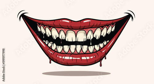 Obraz na plátne Creepy Joker Smile with Dripping Red Lips and Sharp Teeth.