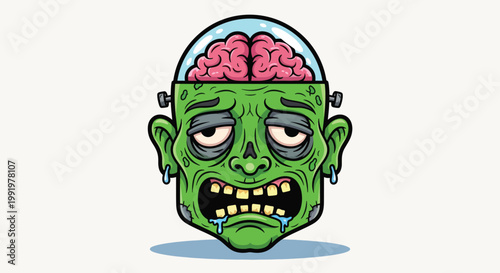 Green Zombie Head with Exposed Brain and Drool 1.