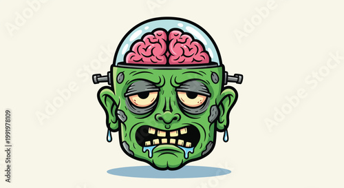 Green Zombie Head with Exposed Brain and Drool.