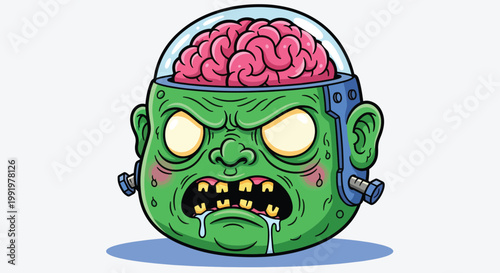 Green Zombie Head with Exposed Brain in Glass Dome 1.