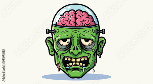 Green Zombie Head with Exposed Brain and Drooling Mouth.