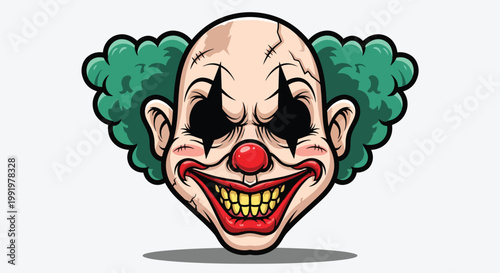 Scary Clown Face with Green Hair and Red Nose.
