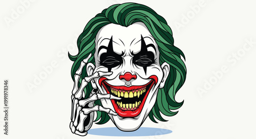 Scary Joker Face with Skeleton Hand Illustration.