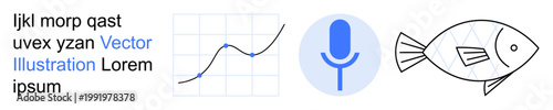 Data analytics, voice recognition, environmental conservation, technology, modern communication, graphical data. Line graph, microphone and fish illustration. Data analytics and voice recognition