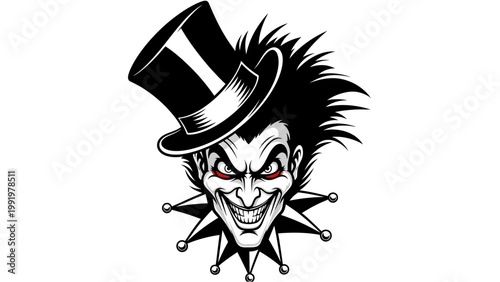 Evil Joker Face with Top Hat and Spiky Hair - Dark Grin