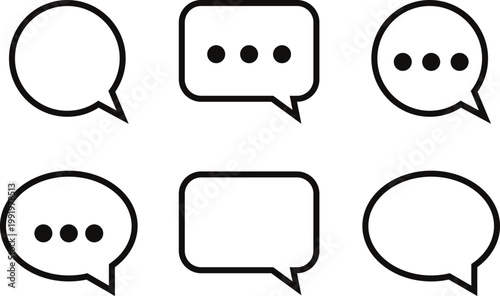 Chat bubble messaging icons set with speech bubbles dots conversation symbols communication UI elements minimal outline vector isolated on transparent background