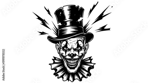 Scary Clown Face with Top Hat and Ruffled Collar, Black and White Illustration