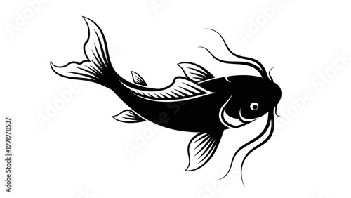 Black Koi Fish Silhouette, Elegant Japanese Carp Swimming, Asian Symbol of Luck and Prosperity