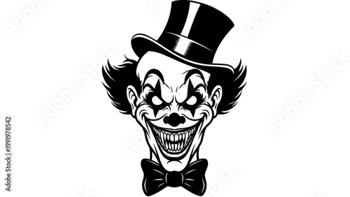 Scary Clown Face with Top Hat and Bow Tie - Horror Character Illustration