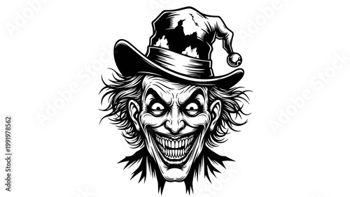 Scary Joker Face with Evil Grin and Hat - Black and White Illustration