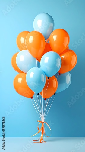 A vibrant bunch of balloons in shades of orange and light blue, tied together with a ribbon against a smooth backdrop