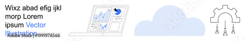 Cloud computing, data analysis, business intelligence, workflow automation, technology integration, software tools. Scene features a laptop, cloud and gear illustration. Cloud computing and data