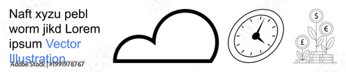 Cloud computing, productivity, finances, business analysis, economic growth, technology. Minimalist icons of cloud, clock and financial plants. Cloud computing and productivity
